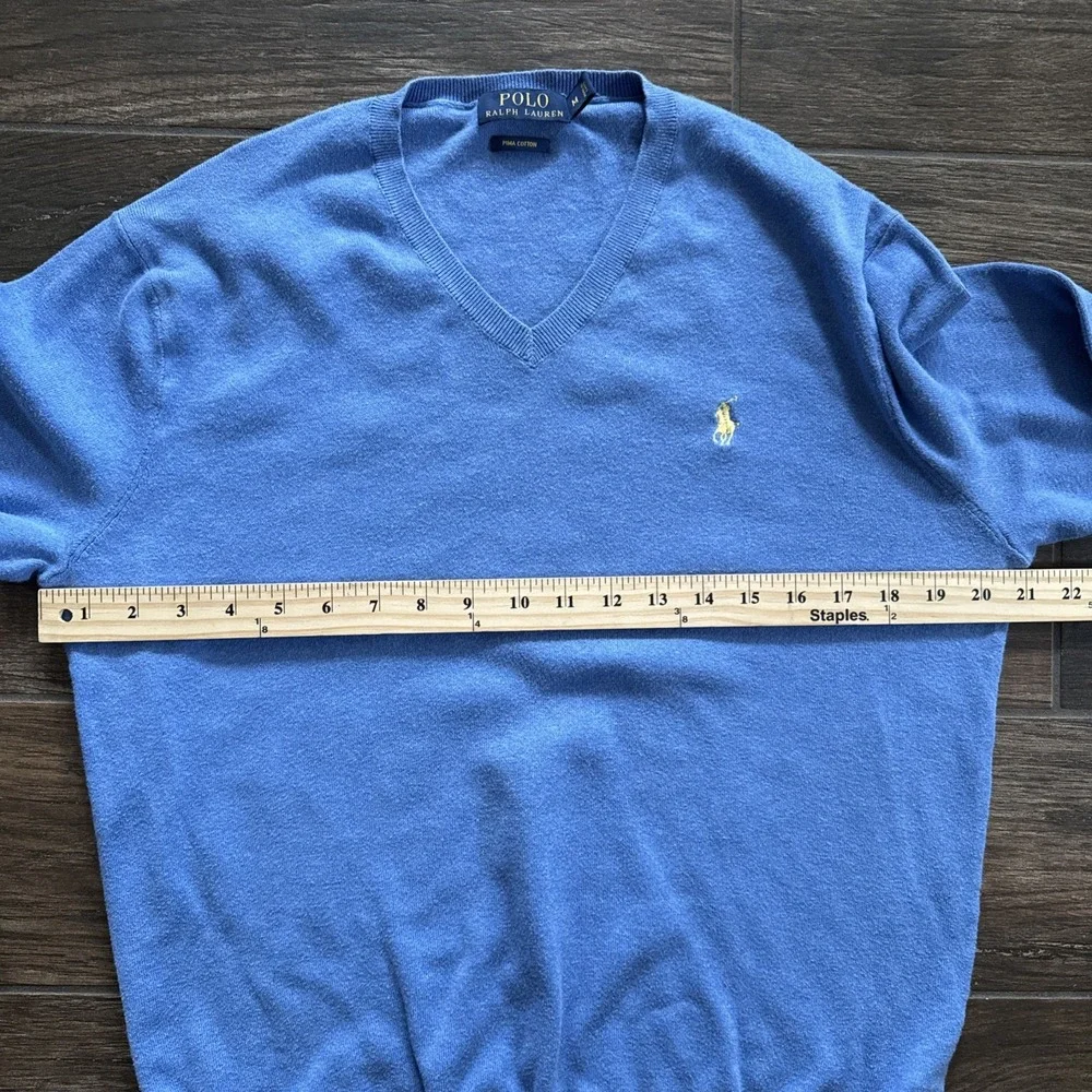 Polo Ralph Lauren Sweater Men Medium Blue V Neck Pima Cotton Lightweight